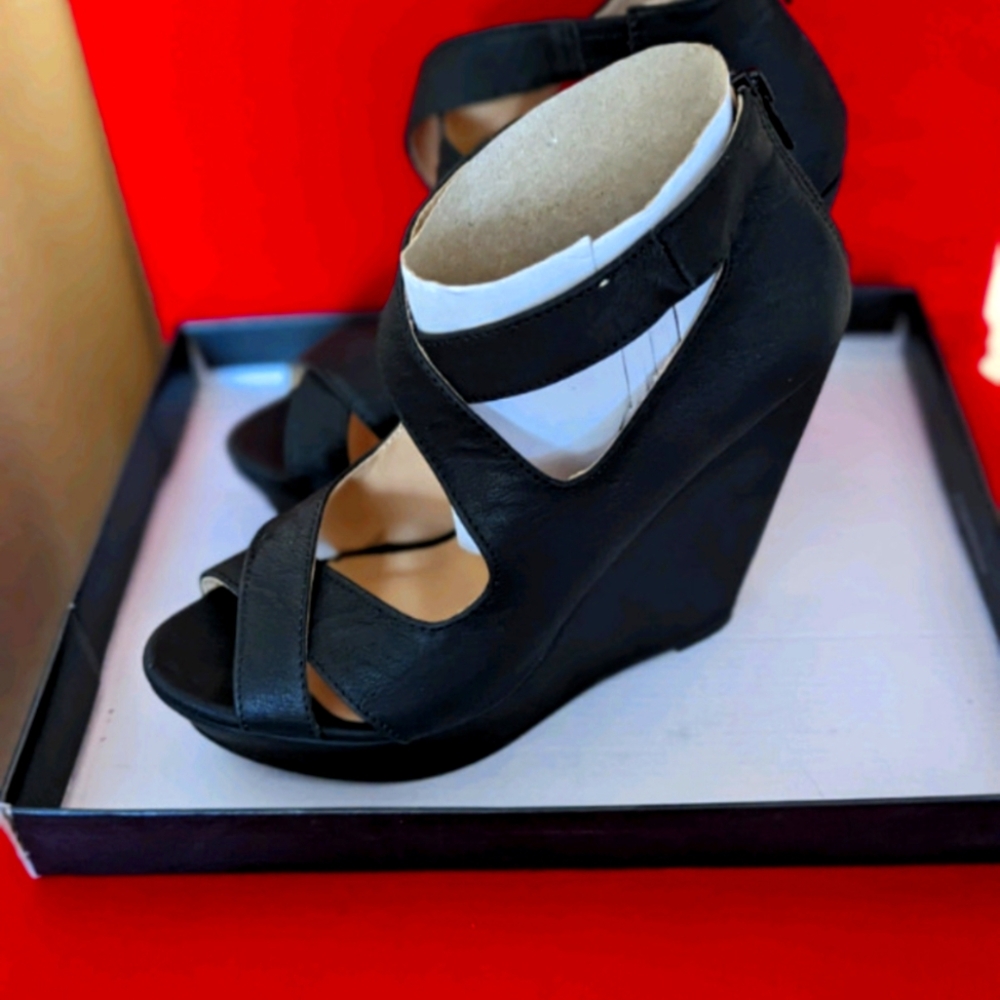Black Leather Wedge Sandals